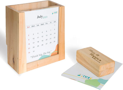 IVEI Desk Calendar with Organizer and Paper Weight | Wood Desk Pen Pencil Holder Stand Multi Purpose Use Pencil Cup with Calendar and Flat Wooden Paper Weight | Fresh themed Calendar