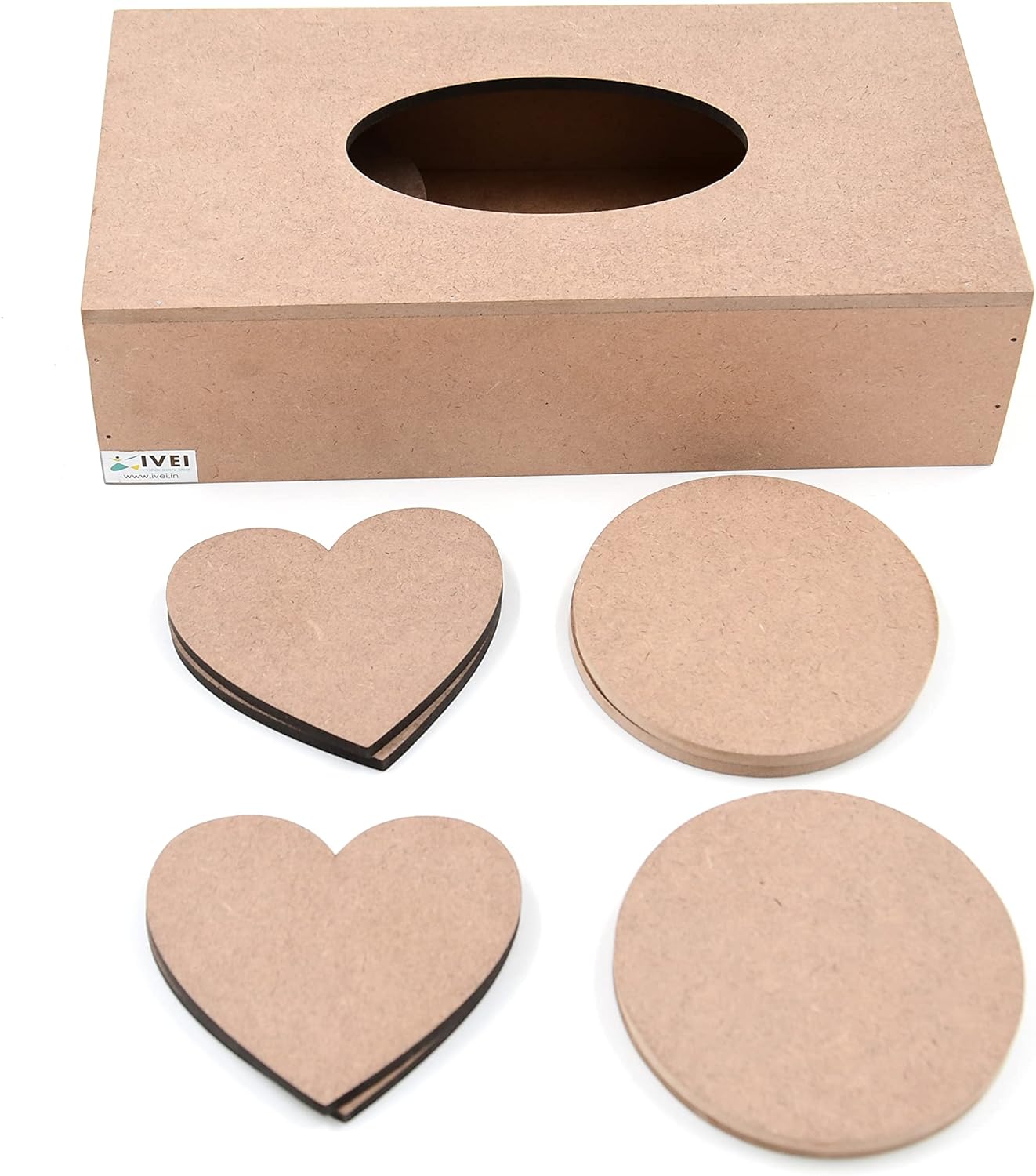 IVEI DIY MDF Tissue Box Pack with 6 Heart and 6 Round Coasters