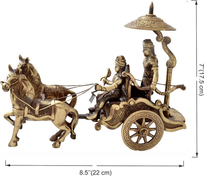 eSplanade Brass Krishna Arjuna Rath Chariot Horses Showpiece | Home Decor | Krishna Arjun Updesh | Gita Saransh (2 Horse Rath)