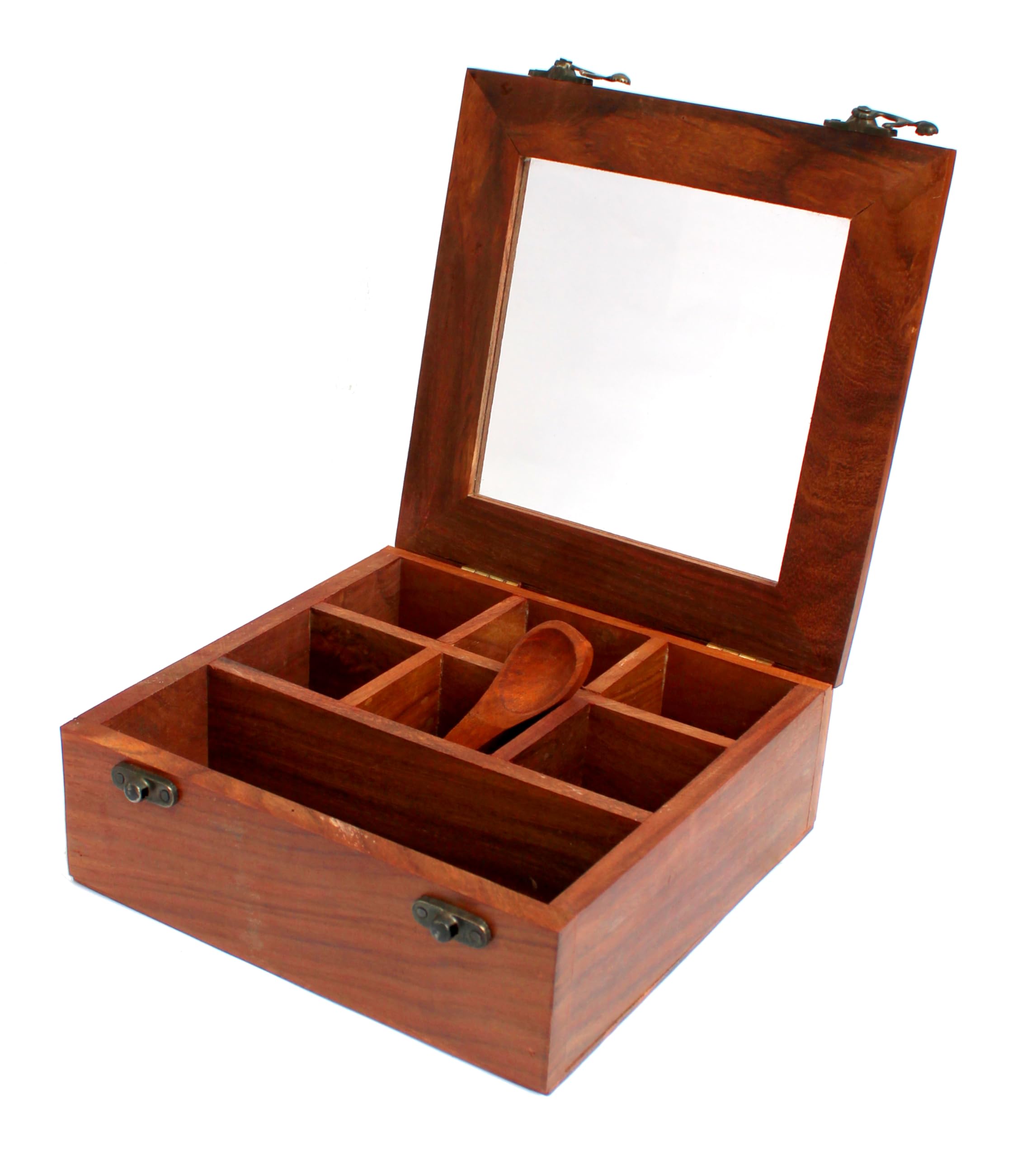 ESPLANADE Wooden Masala Daani with Transparent Top | Kitchen Set with Wooden Spoon - – Brown | Wooden Decorative | Organizer (Dark Brown)