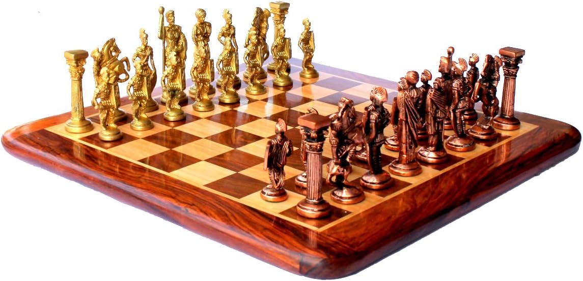 StonKraft - 15" x 15" Collectible Acacia Wood Chess Game Board Set + Brass Roman Figure Pieces