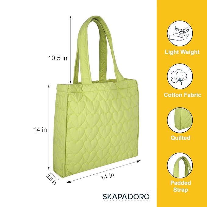 SKAPADORO Quilted Cotton Tote Bag For Women - Eco-Friendly Shoulder Bag For Shopping, College, Travel (14x14 Inches)