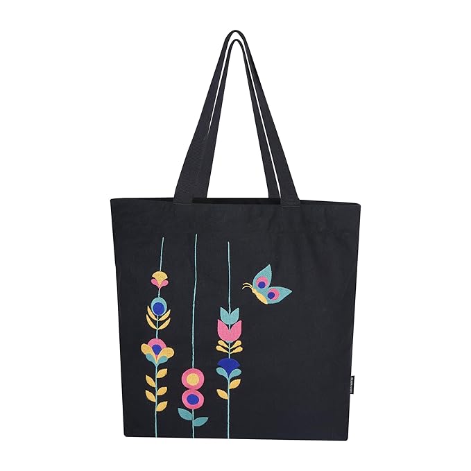 SKAPADORO Canvas Big Zip Handbag Tote,100% Cotton, Inner pocket, Unisex Embroidered Comfortable Bag for Travel Office Beach Shopping, Easy to Wash Trendy Everyday Shoulder Bag