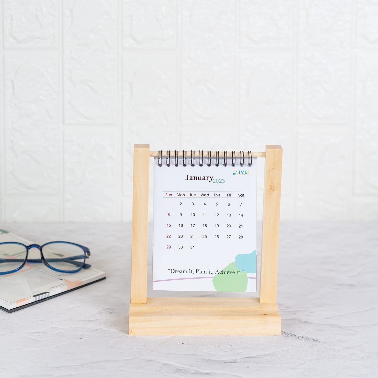 IVEI Standing Paper Calendar bound in a Wooden Frame | Vertical Flip Calendar for Desk Decoration | Small Greenery Desktop Calendar for Easy and Effective Organizing | Portable Monthly Calendar