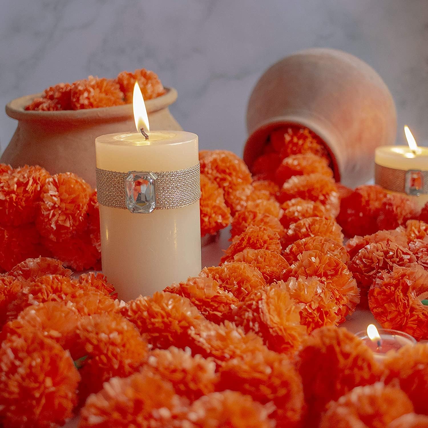 eSplanade Artificial Marigold Flower Garlands for Home Decor - Pack of 5 Strings - Multi-colour- 4 to 4.5 Feet Length