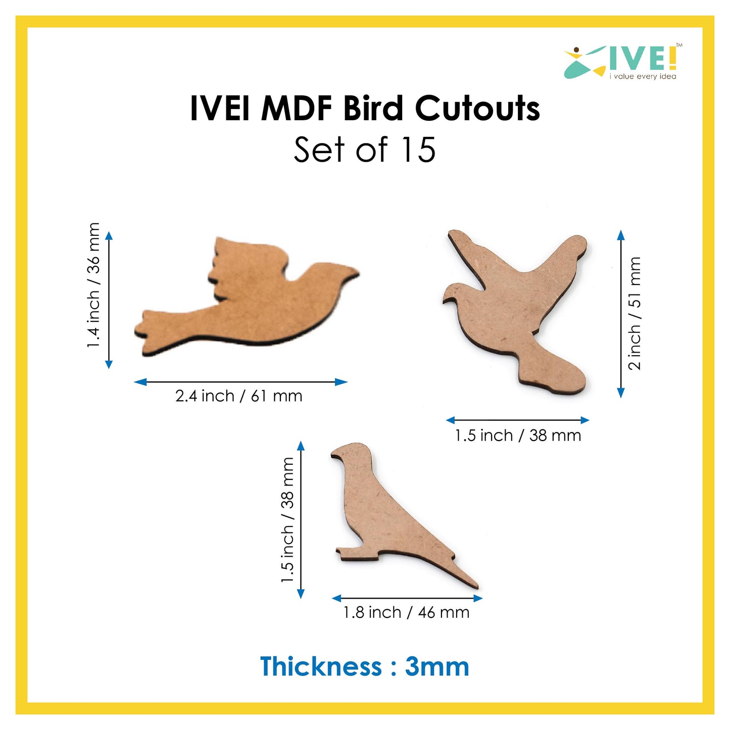 IVEI MDF Bird Cutouts/Embellishments - DIY Craft Materials - Bird-Shaped MDF Blank Cutouts for Painting, Wooden Sheet Craft Board for Resin & Fluid Art, Decoupage, Mandala Art, Pyrography - Set of 15