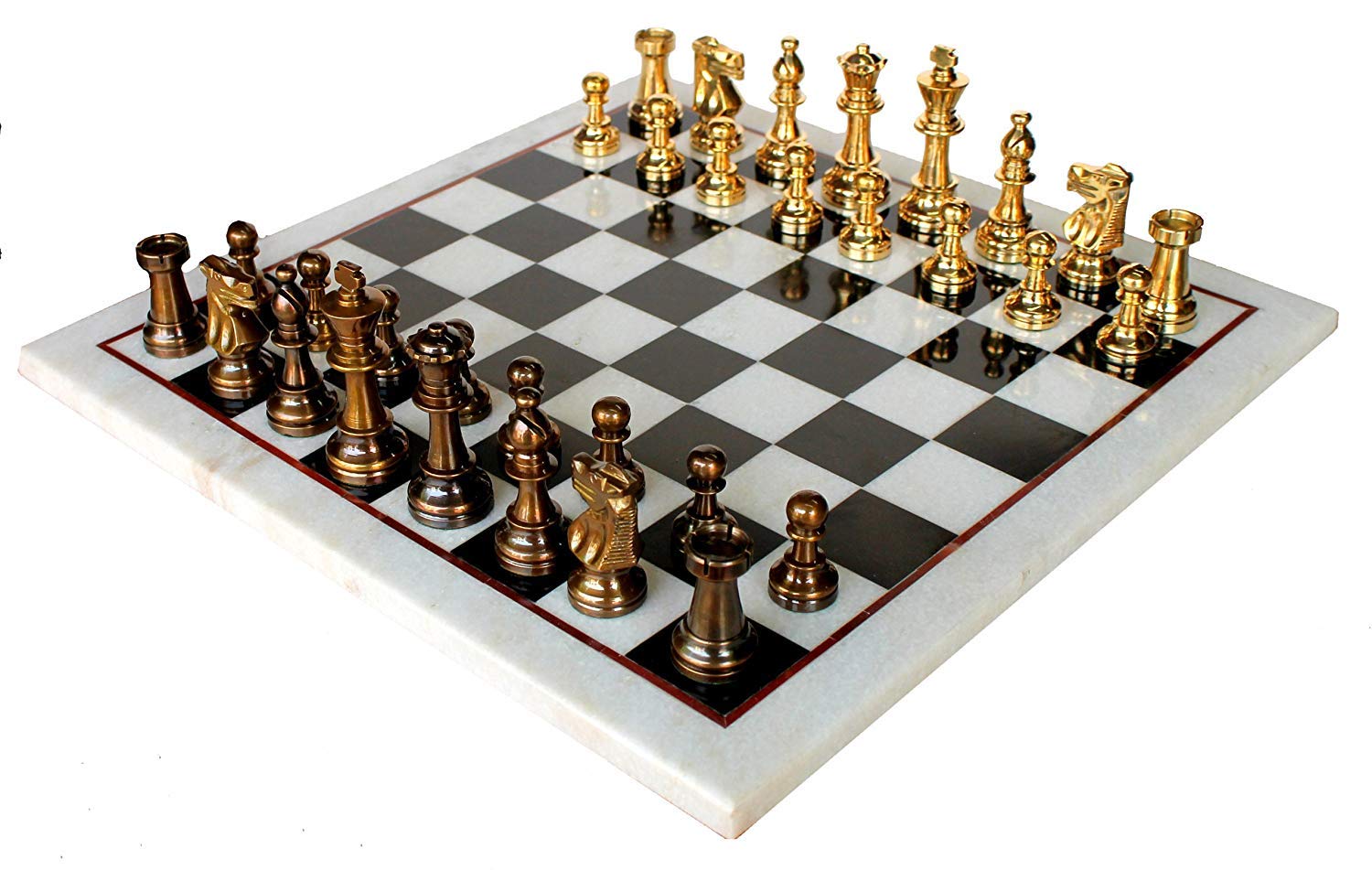 StonKraft Collectible White & Black Marble Chess Board Set + Brass Chess Pieces Pawns - Decorative Stone Chess - Home Decor - 15" Inches