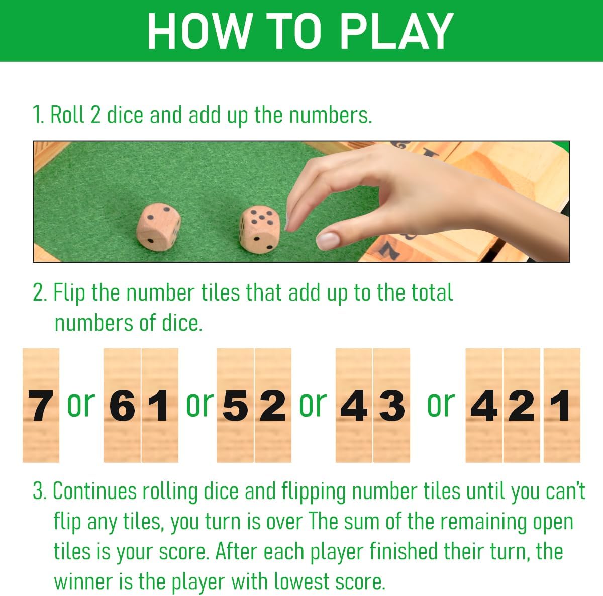 Clapjoy Shut The Box Dice Game for Kids & Adults [4 Sided Large Wooden Board Game, 2 Dice + Repeat Scorecard Usage] Educational Math Learning Toy, Table Top Game for The Party Family