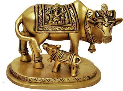 eSplanade Brass Holy Kamdhenu Cow and Calf Sculpture | Holy Cow Brass Idol Beautiful Lucky (Carved Cow)