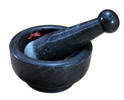 KLEO 5" Diameter Natural Stone Mortar and Pestle Set as Spice Grinder, Medicine Masher - Okhli & Musal (Black)