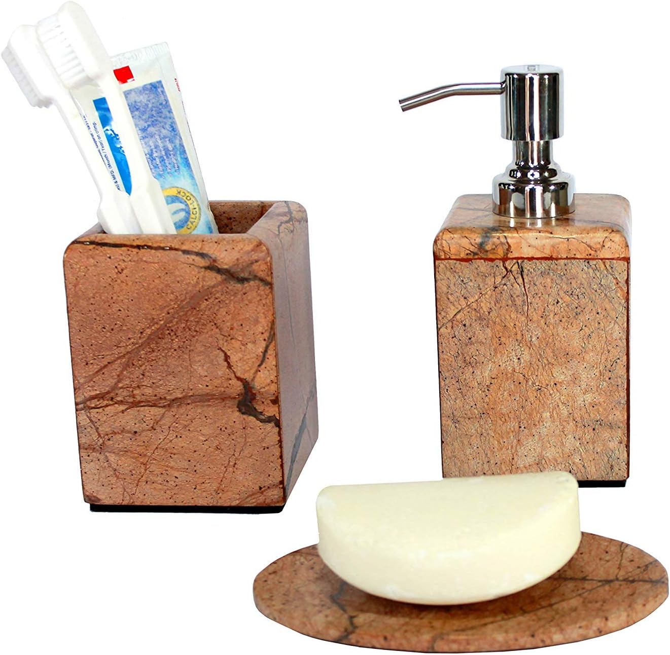 KLEO - Bathroom Accessory Set made from Natural Brown/Sand Stone - Bath Accessories set of 3 includes Soap Dispenser, Utility and Soap Dish