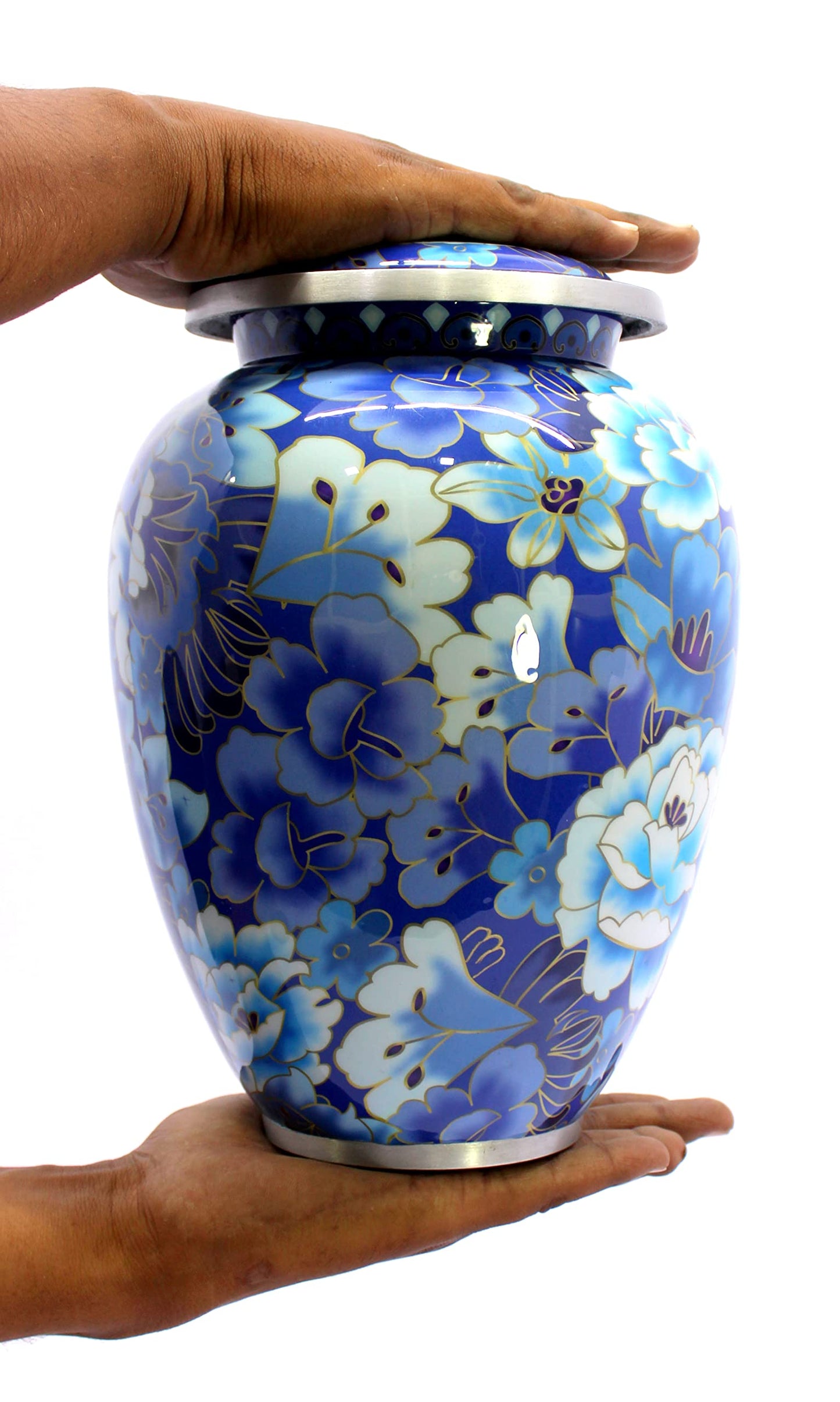 eSplanade Metal Cremation Urn Memorial Jar Pot Container | Full Size Urn for Funeral Ashes Burial | Flowers Printed Urn | Blue - 10" Inches