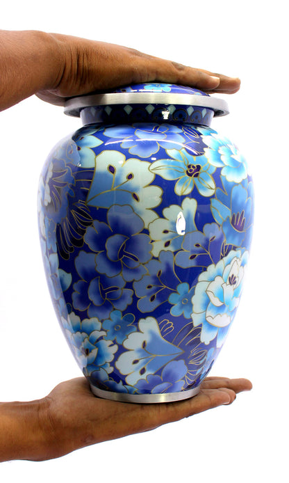 eSplanade Metal Cremation Urn Memorial Jar Pot Container | Full Size Urn for Funeral Ashes Burial | Flowers Printed Urn | Blue - 10" Inches