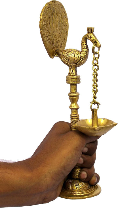 eSplanade Brass Peacock Diya Pair Oil Lamp Diya Deepam Kuthu Vilakku (Set of 2) for Temple Home | Pooja Articles - Home Decor | Golden - 9" Inches