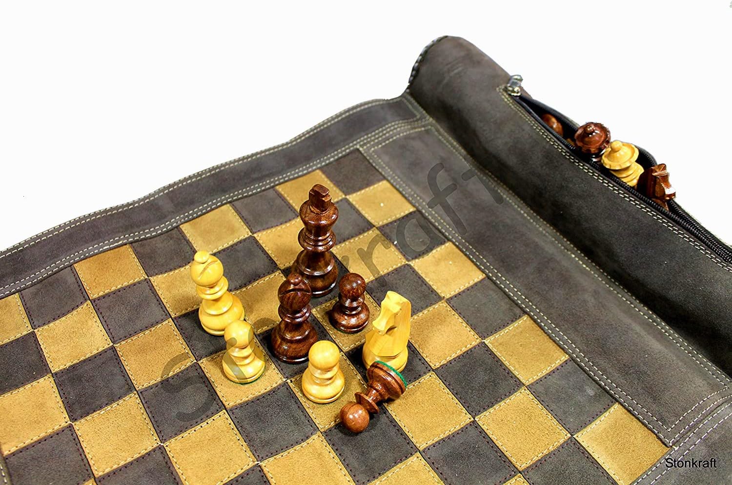 StonKraft - 19" x 15" (Chess Board Size 12" x 12") Roll-Up Leather Chess Set with Wooden Chess Pieces | Comes with Innovative Carry Pouch