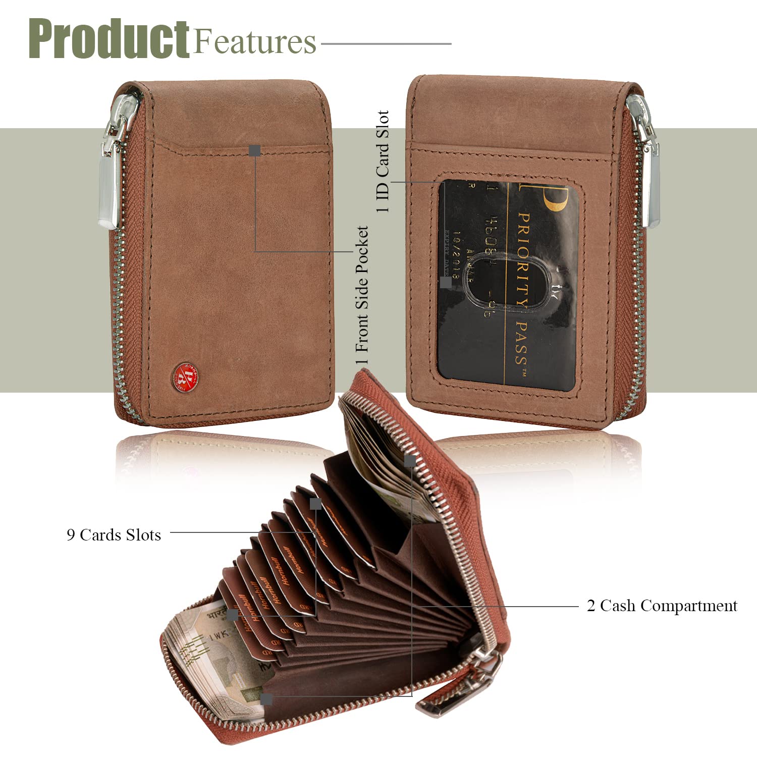 HORNBULL Steve Brown RFID Blocking Leather Wallet for Men | Vertical Credit Debit Card Holder