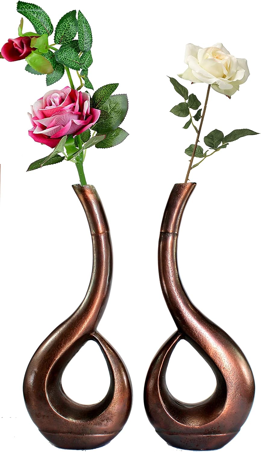 eSplanade Metal Flower Vase Flowerpot - Decorative Items Showpiece - Set of 2 | Home Decor Statement Piece for Showcase Foyer Table Desk | Silver , Copper