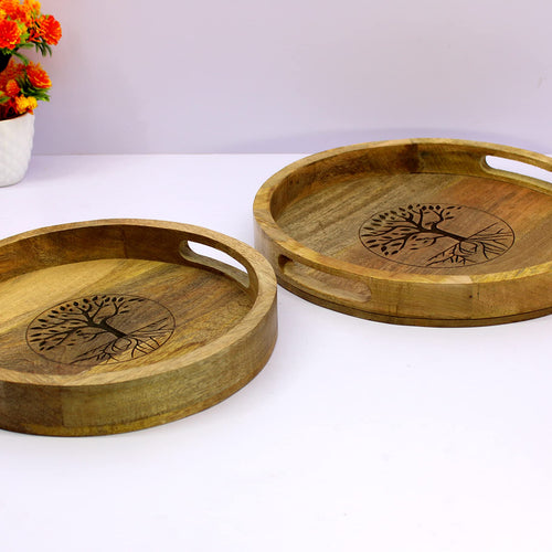 KLEO Wooden Engraved Round Shape Serving Trays - Set of 2 - Serveware Tableware - Brown - 14