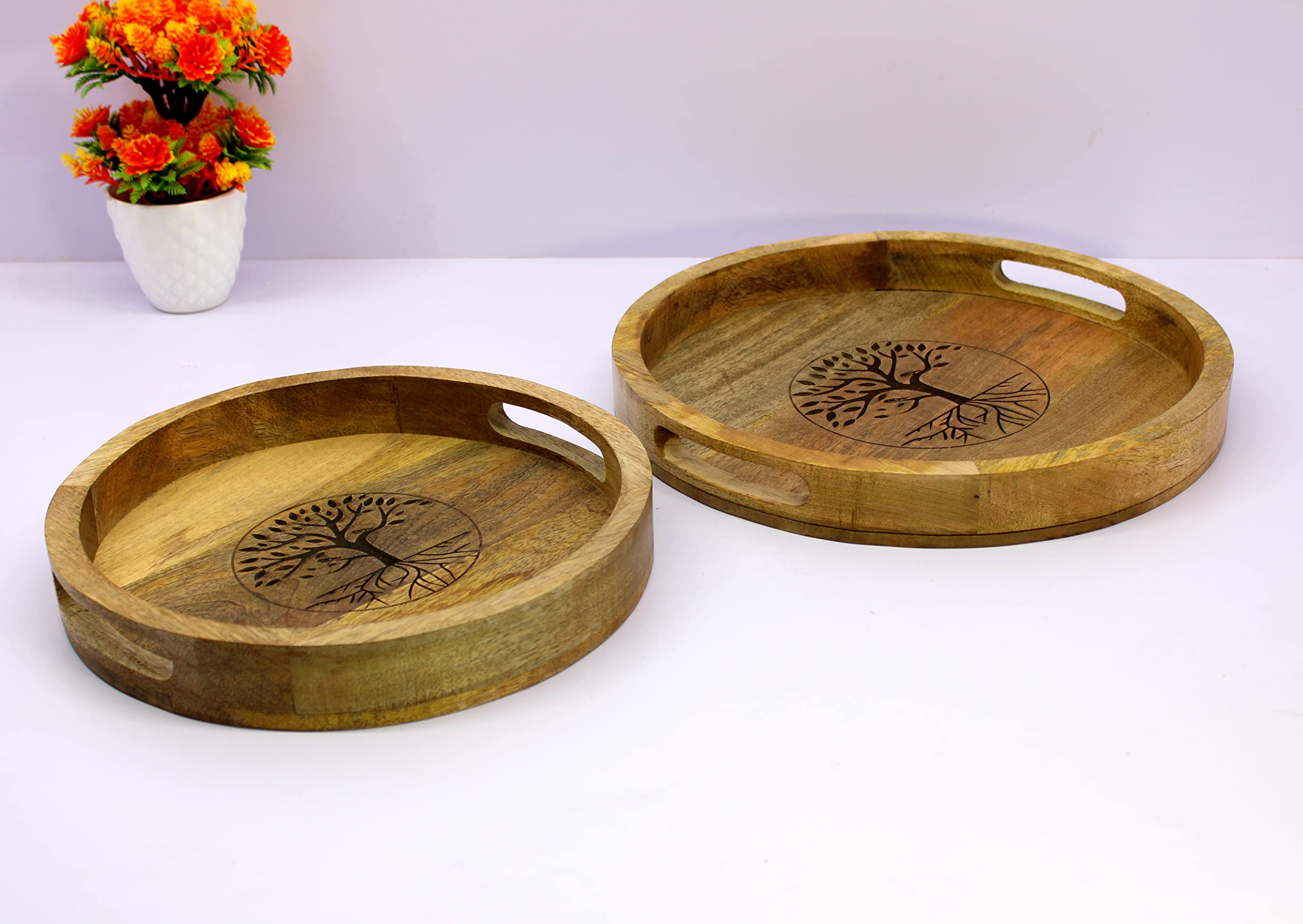 KLEO Wooden Engraved Round Shape Serving Trays - Set of 2 - Serveware Tableware - Brown - 14" Inches Dia.