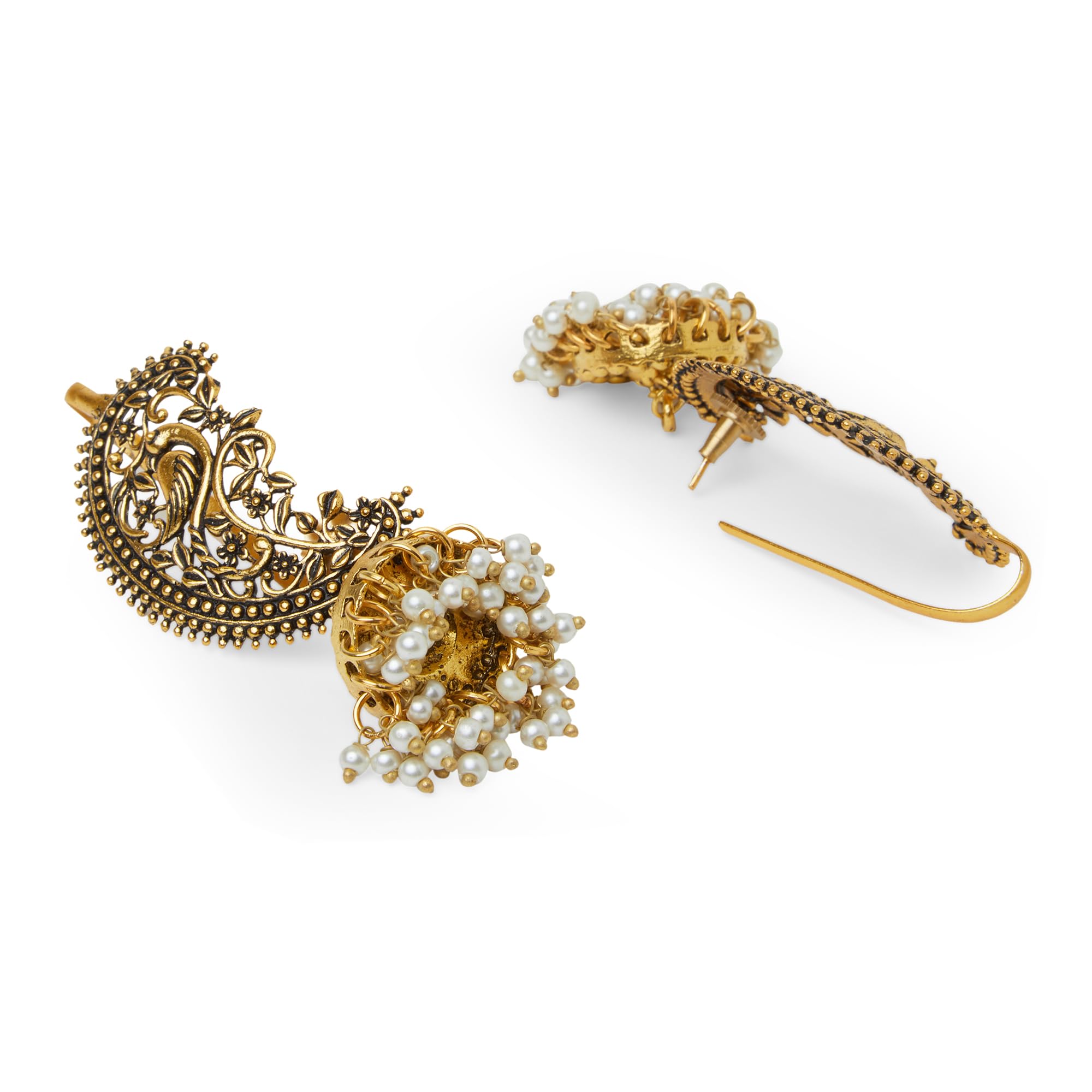 Binnis wardrobe Dual-Toned textured long Jhumka with hanging pearl handcrafted earrings