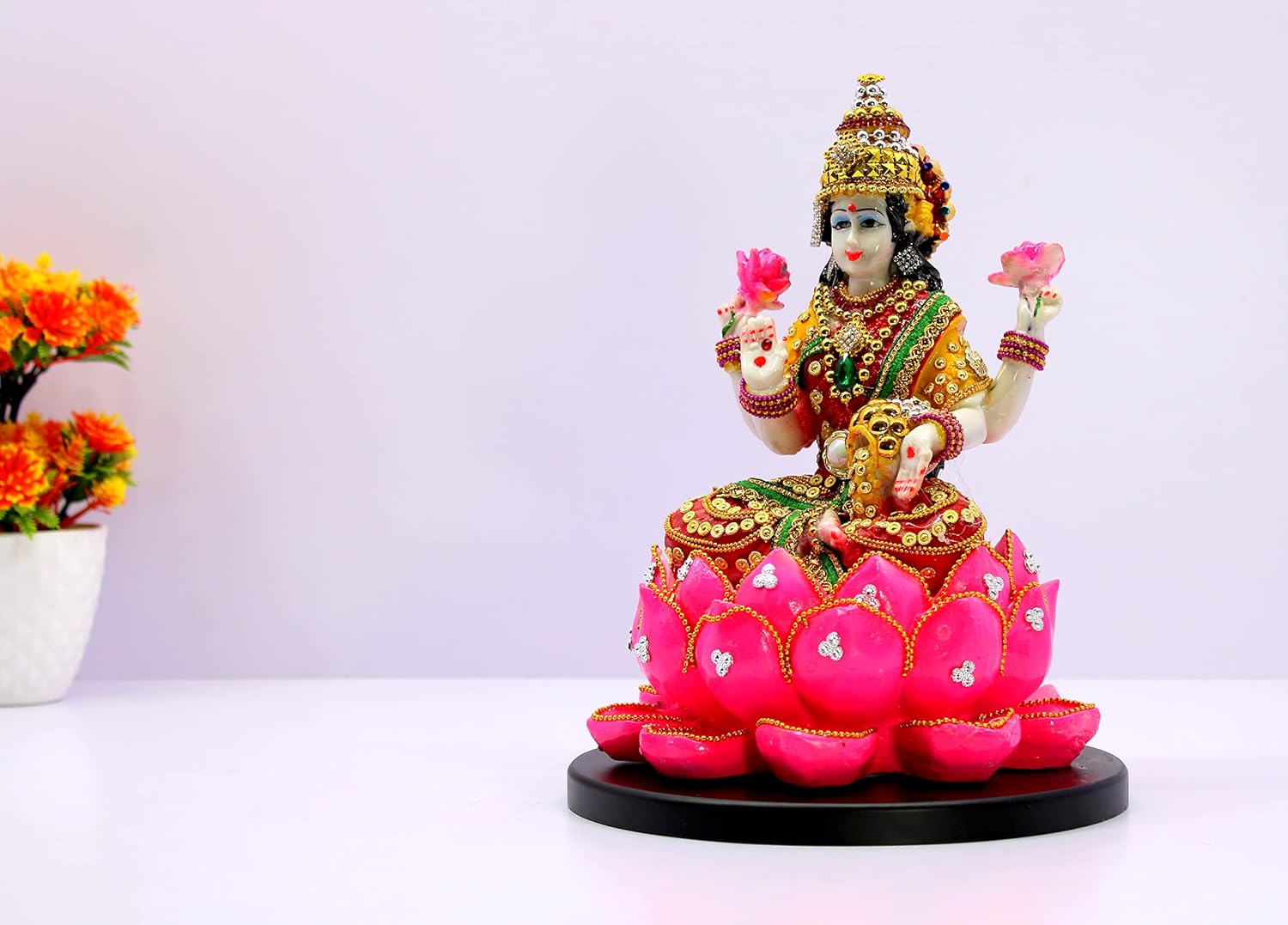 eSplanade Lakshmi on Lotus | Laxmi Goddess Murti Idol Statue Sculpture Figurine - Resin - 11" Inches & 7" Inches - Multicolour