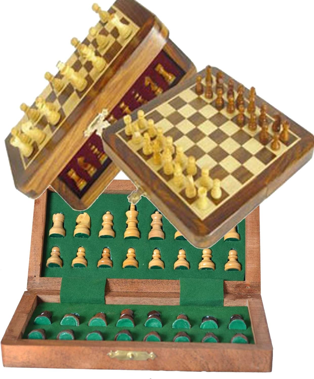 Handmade Wooden Rosewood Foldable Magnetic Chess Game Board with Storage Slots, 7 Inch