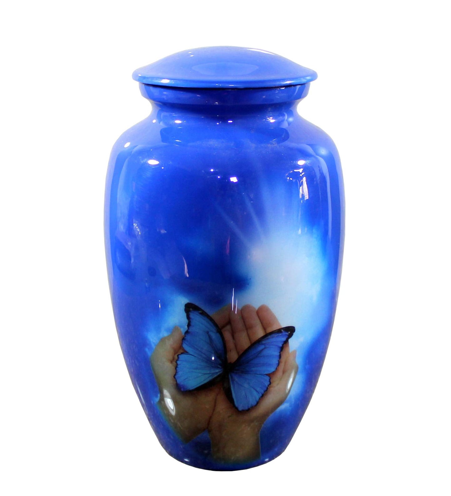 eSplanade Metal Cremation Urn Memorial Jar Pot Container | Full Size Urn for Funeral Ashes Burial | Colorful Butterflies Print | White - 10" Inches