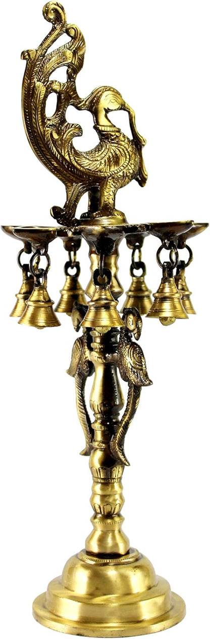 eSplanade Brass Diya Indian pooja lamp| Brass Deepak Deepam Kuthu Vilakku| with bells| (Peacock).17'' inches