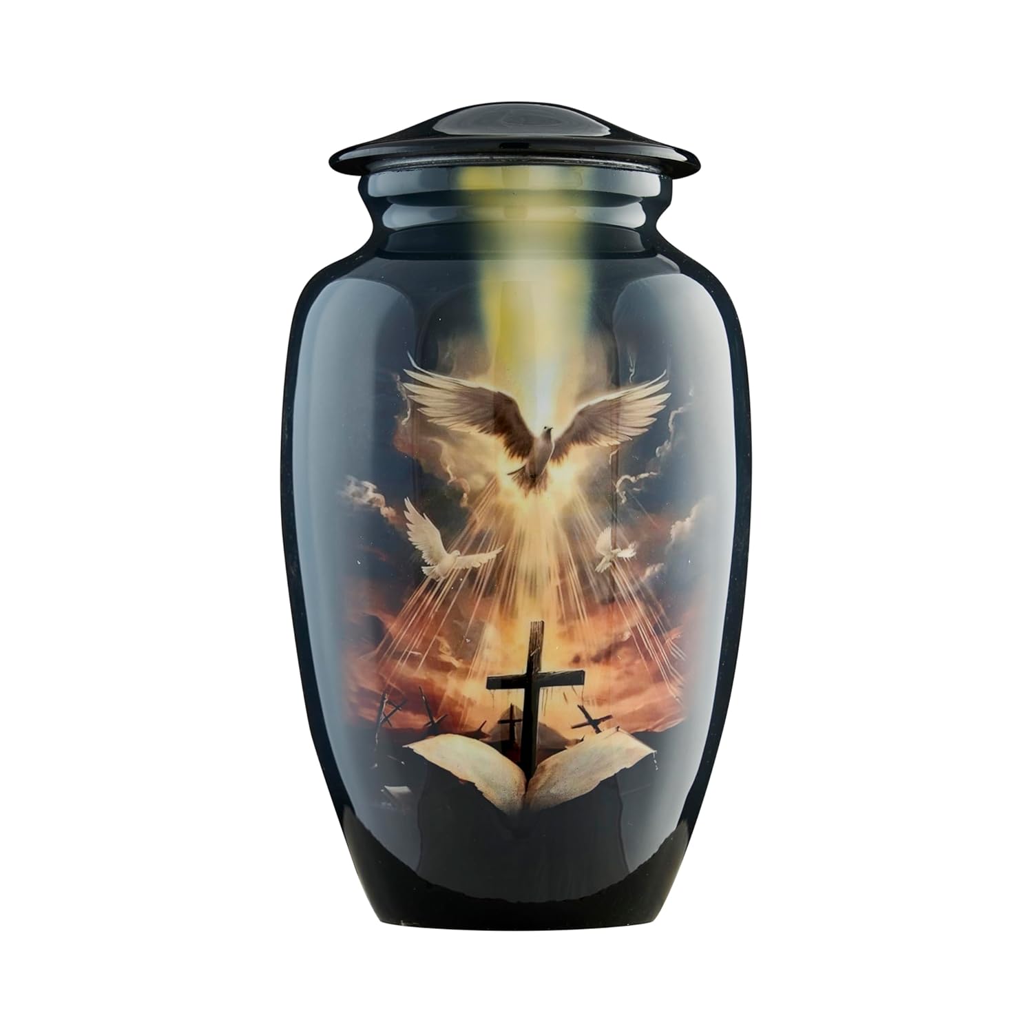 Esplanade Metal Urn for Ashes Adult Male Female – 10" Cremation Urn for Human Ashes, Full Size Large Urn, Doves and Holy Cross, Funeral Vase with Velvet Bag - for 80kg Adult