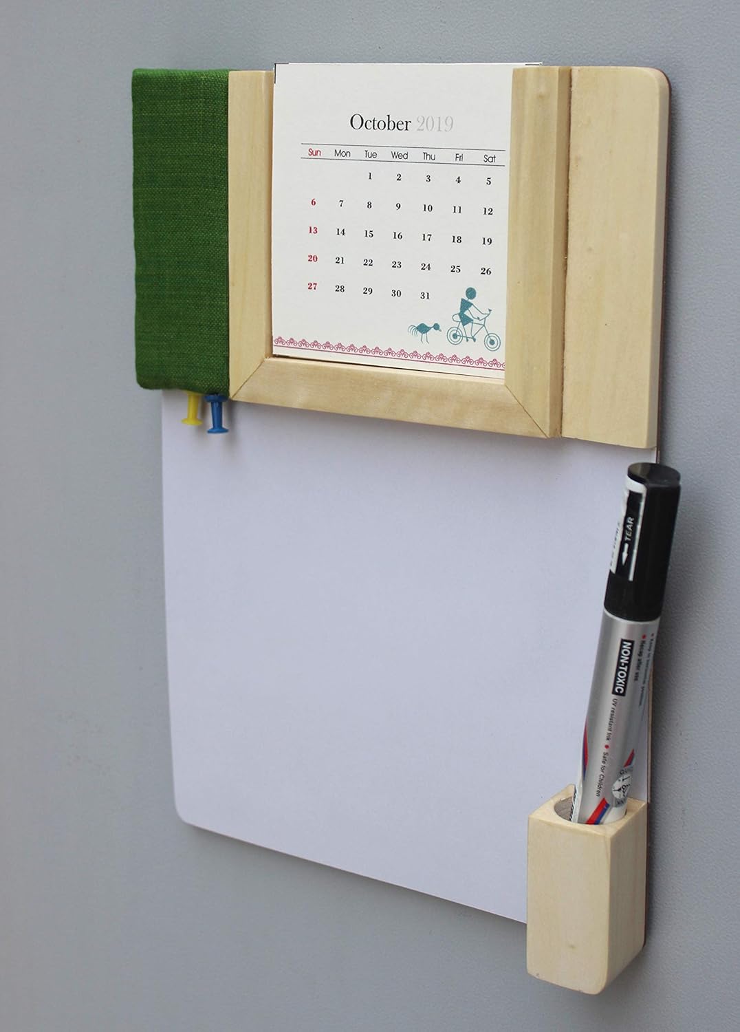 IVEI Warli Calendar with Pin Board & White Board - Magnet Board Calendar for Fridge - Utility Desk Calendar Dry Erase Board - Mini Calendar Fridge Magnet with Whiteboard & Pinboard - Green