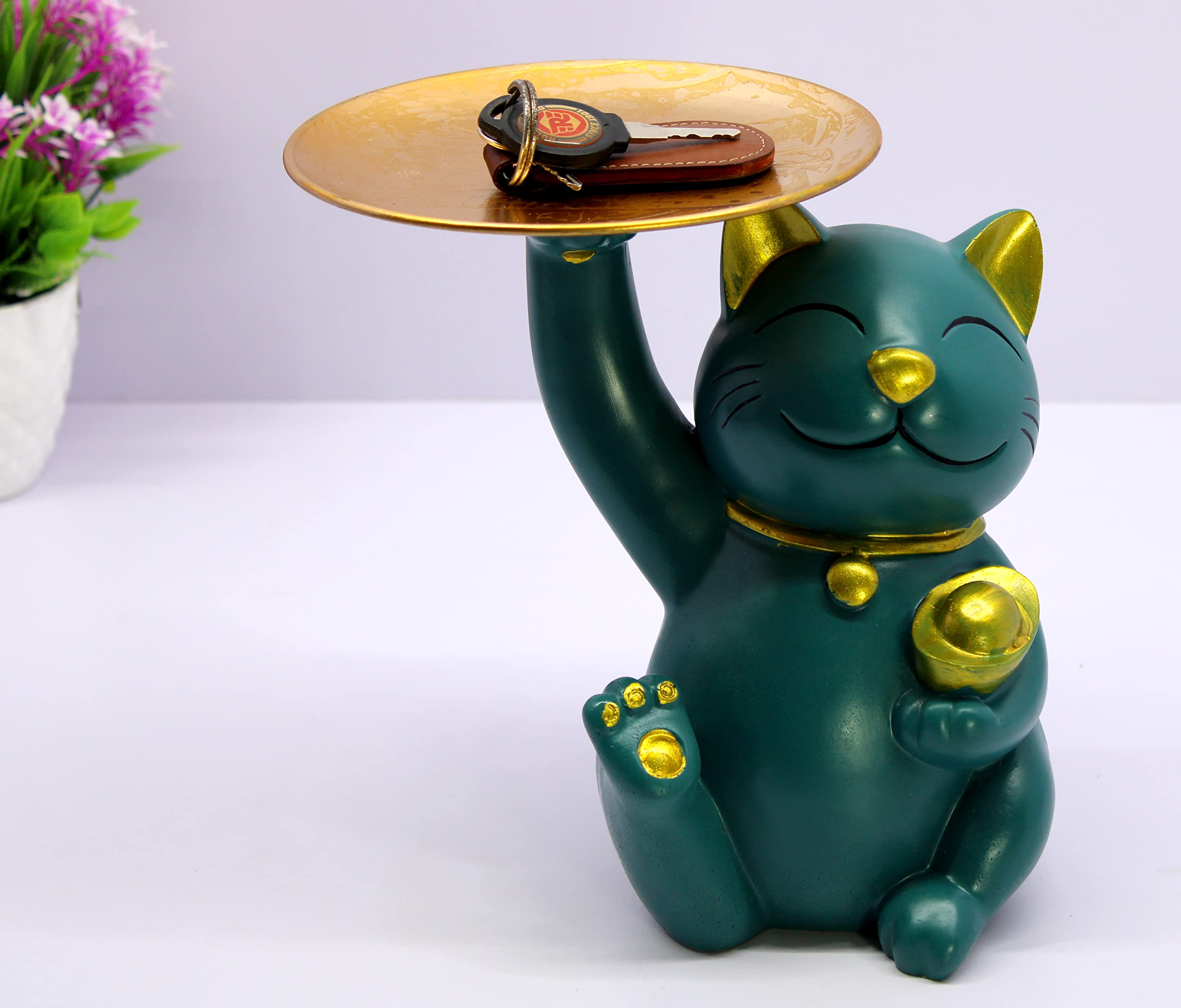 eSplanade Cat Holding Golden Plate Showpiece Statue Sculpture Figurine | Home Decor Resin - 8.5" Inches - Green-Golden