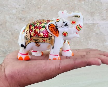 eSplanade Marble Elephant Family - Set of 2 - Sculpture Showpiece Figurines - Home Decor - White Multi - 3" Inches (Small)