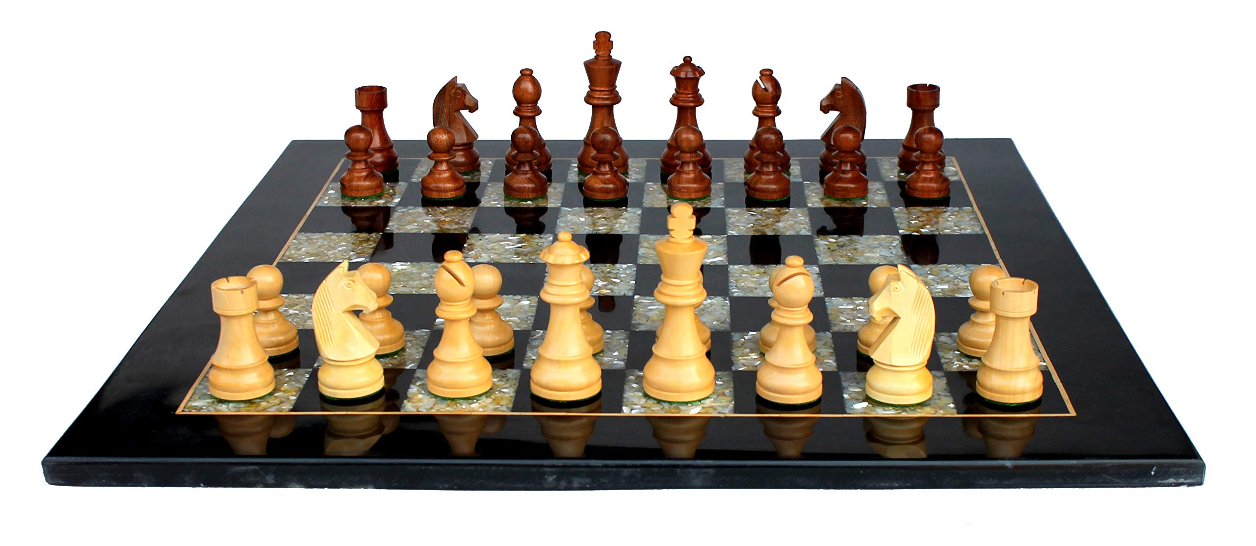 StonKraft Collectible Black Marble and (MOP) Mother of Pearl Chess Board Set with Wooden Chess Pieces (2 Extra Queens) - Home DŽcor - 21" Inches
