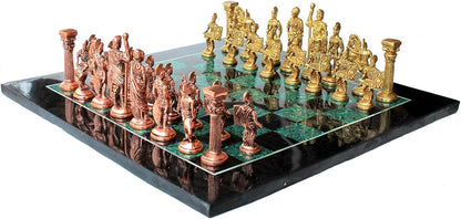 StonKraft Collectible Black Marble and Malachite Stone Chess Board Set + Brass Roman Chess Pieces Pawns - Decorative Stone Chess - Home DŽcor - 15" Inches