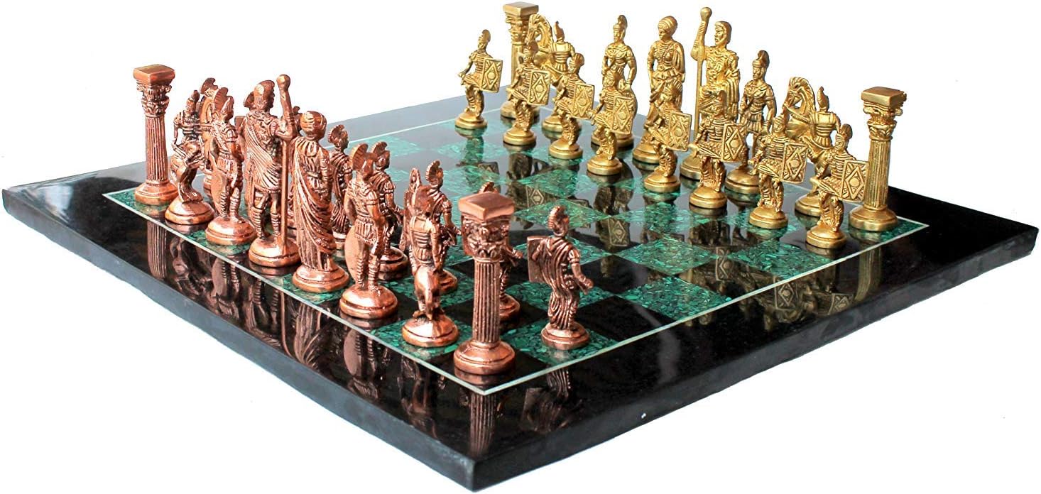 StonKraft Collectible Black Marble and Malachite Chess Board Set + Wooden Brass Combo Chess Pieces - Decorative Stone Chess - Home Decor