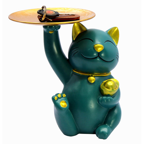 eSplanade Cat Holding Golden Plate Showpiece Statue Sculpture Figurine | Home Decor Resin - 8.5
