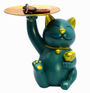eSplanade Cat Holding Golden Plate Showpiece Statue Sculpture Figurine | Home Decor Resin - 8.5" Inches - Green-Golden