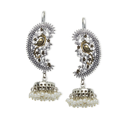 Binnis wardrobe Dual-Toned textured long jhumka with hanging pearl handcrafted earrings