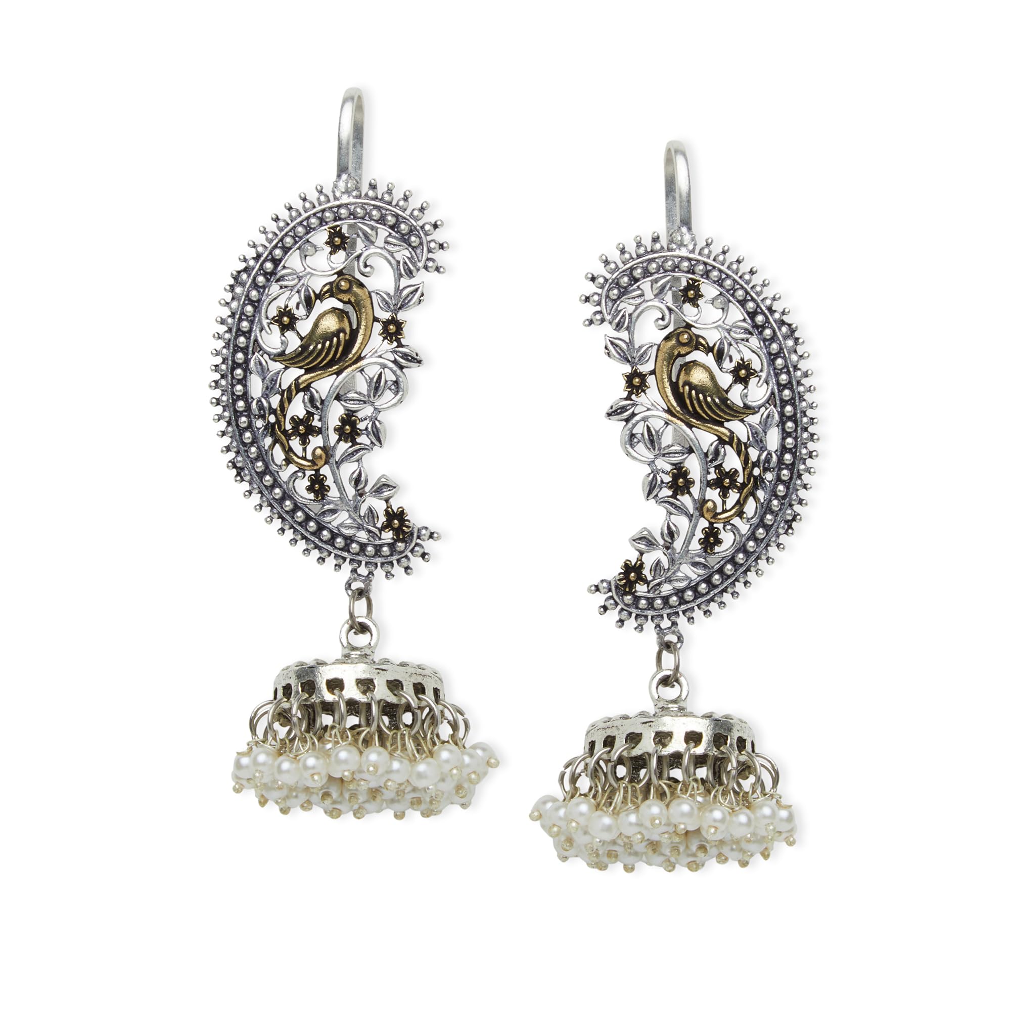 Binnis wardrobe Dual-Toned textured long Jhumka with hanging pearl handcrafted earrings