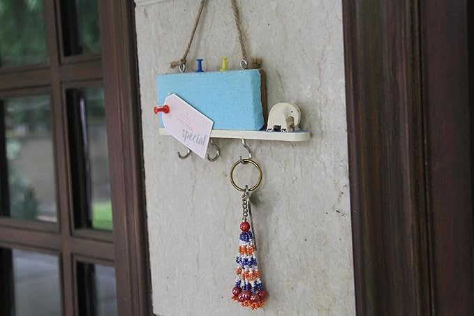 ESPLANADE Key Holder with Mini Pinboard - Stylish Wooden Key Holder with Pin-up Board - Key Organizer Wall Hooks - for Wall, Home Office Decor with Handcrafted Elephant - Blue