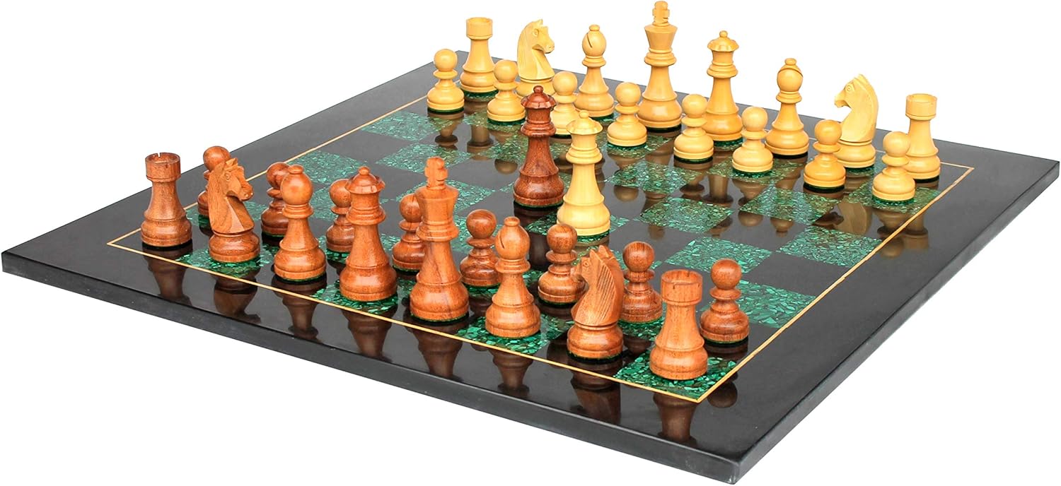 StonKraft Collectible Black Marble and Malachite Chess Board Set + Wooden Brass Combo Chess Pieces - Decorative Stone Chess - Home Decor