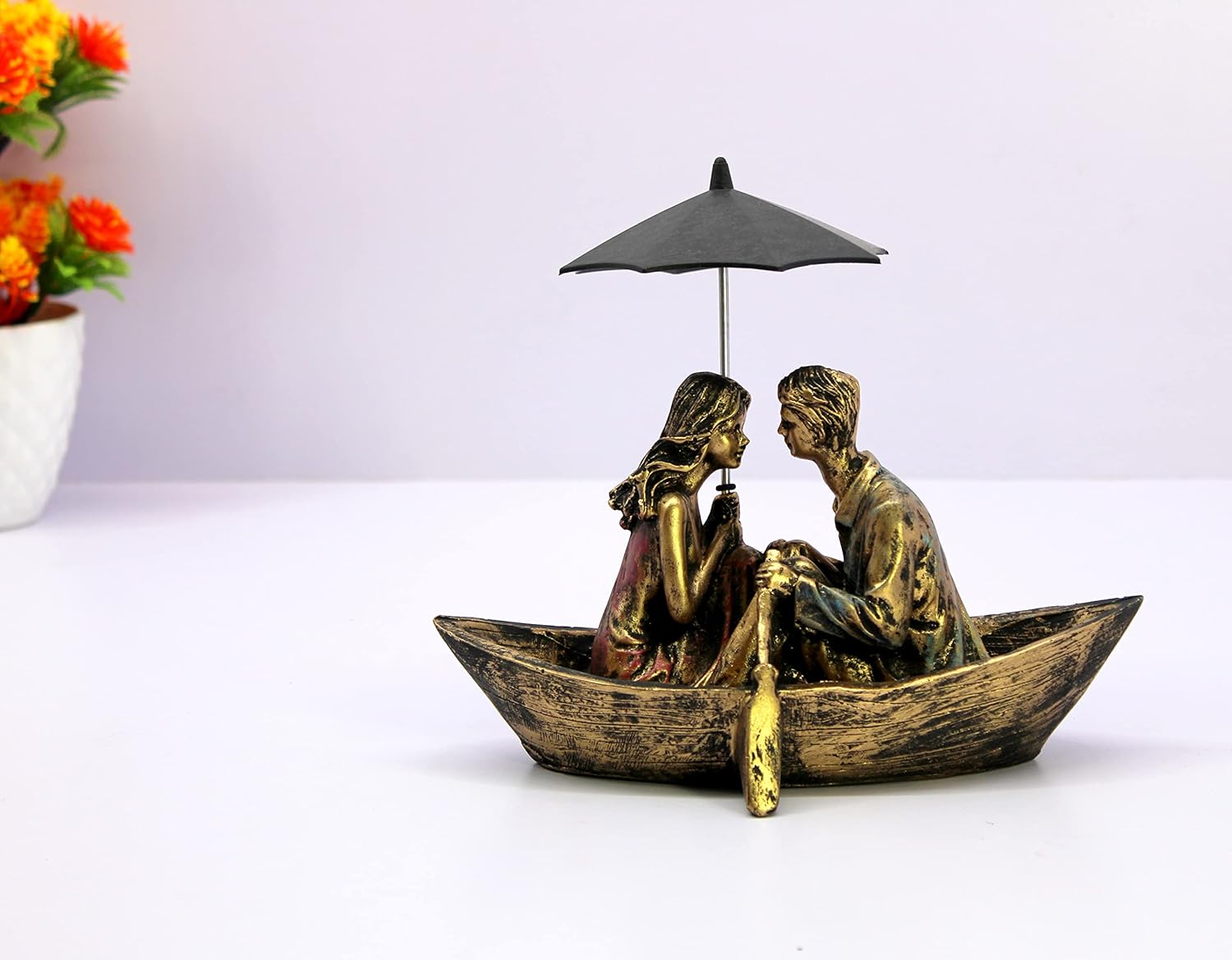 Esplanade Resin Love Couple with Umbrella on Boat Showpiece - Golden - 8.5" Inches (Length)