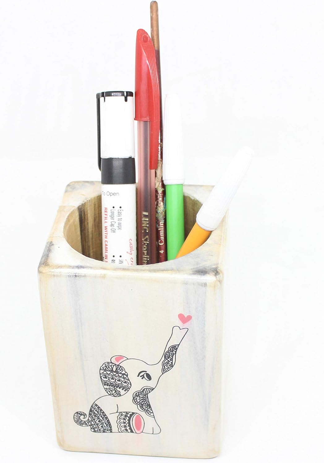 IVEI Wooden Rectangular Pen Stand - Elephant Doodle Pen/Pencil Holder - Minimalistic Office Desk Organizer - Wooden Stationery Holder for Office and Study Table - Unique Budget Gifts