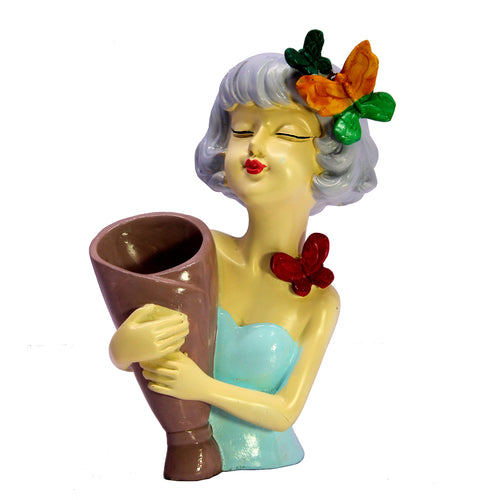 eSplanade Resin Lady Girl with Flower Vase Pot Showpiece Statue Sculpture Figurine - Multicolor - 9