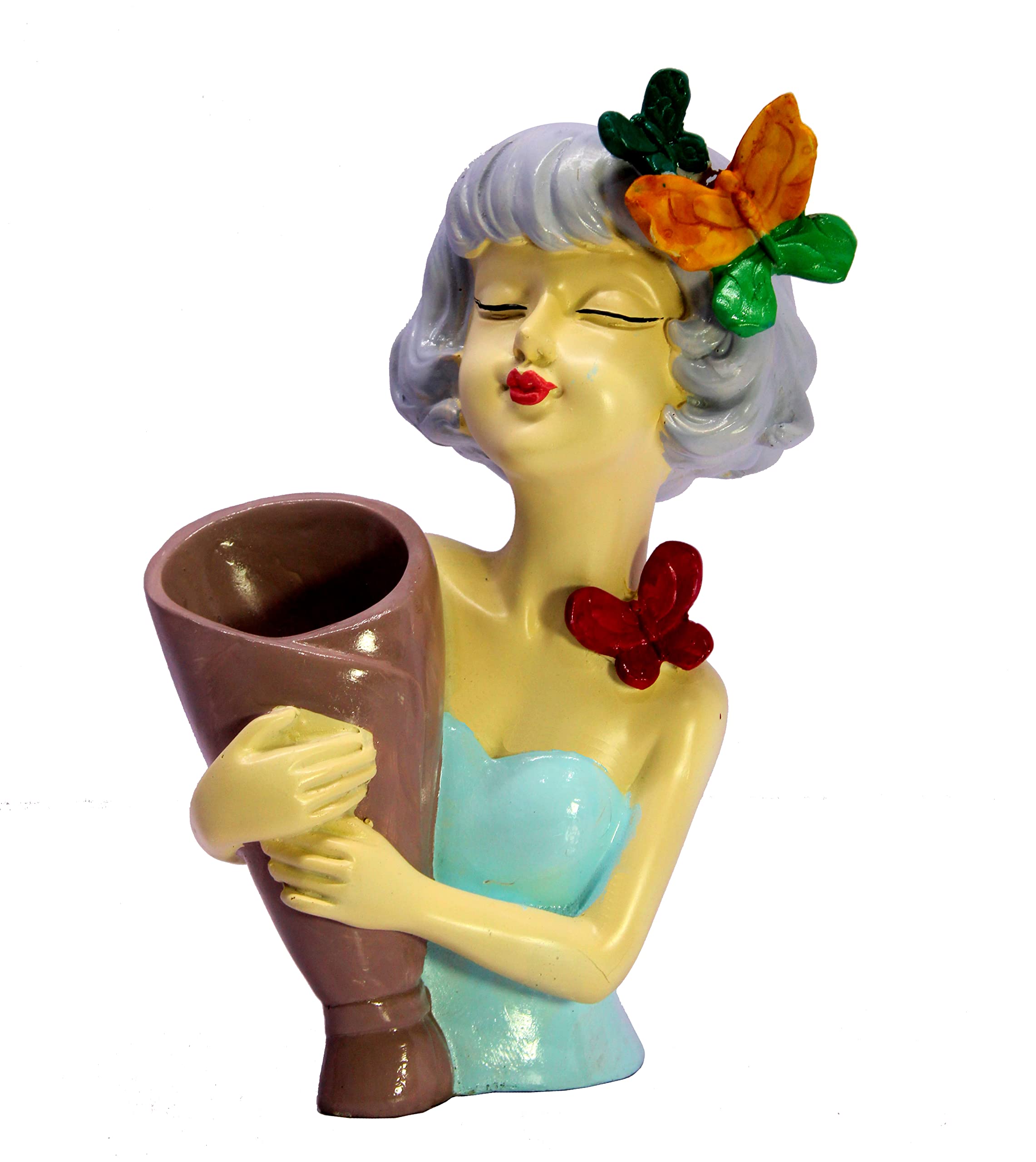 eSplanade Resin Lady Girl with Flower Vase Pot Showpiece Statue Sculpture Figurine - Multicolor - 9" Inches