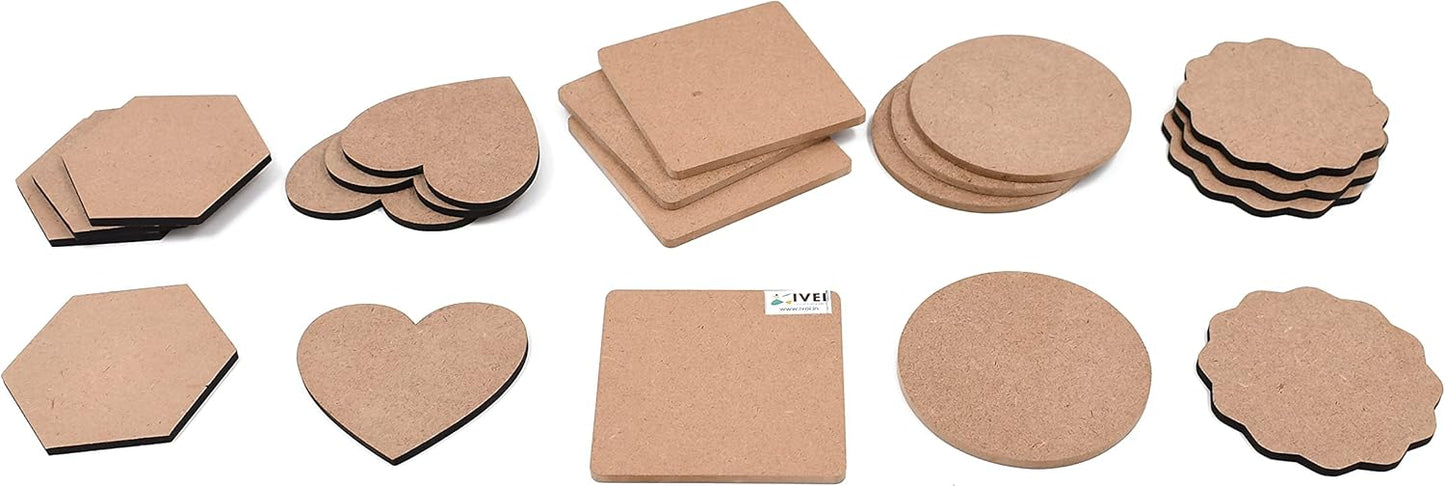 IVEI MDF Board DIY Coasters - MDF Plain Wooden Coasters in Mixed Shapes - Blank Cutouts for Painting, Wooden Sheet Craft Board for Resin Art & Fluid Art, Decoupage, Mandala Art, Pyrography - Set of 12