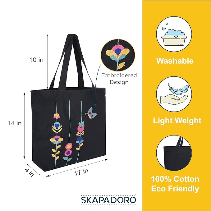 SKAPADORO Canvas Big Zip Handbag Tote,100% Cotton, Inner pocket, Unisex Embroidered Comfortable Bag for Travel Office Beach Shopping, Easy to Wash Trendy Everyday Shoulder Bag