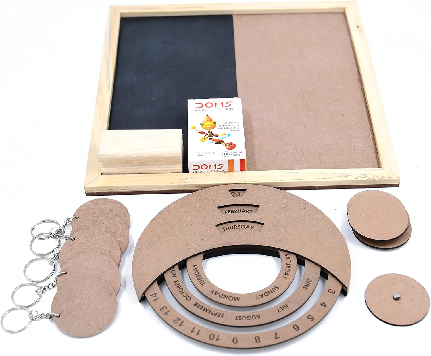 IVEI DIY MDF DIY Blackboard Pack with Rotational Calendar, 5 Round Magnets and 5 Round Keychains