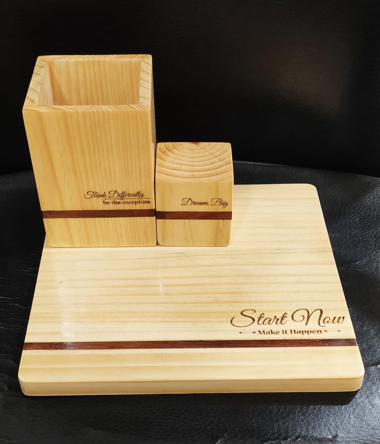 IVEI Pine Wood Penstand,Mouse Pad, Paper Weight Combo - Customised Work from Home Gift Set/ Customized Desk Organiser - with Name or Logo Engraving