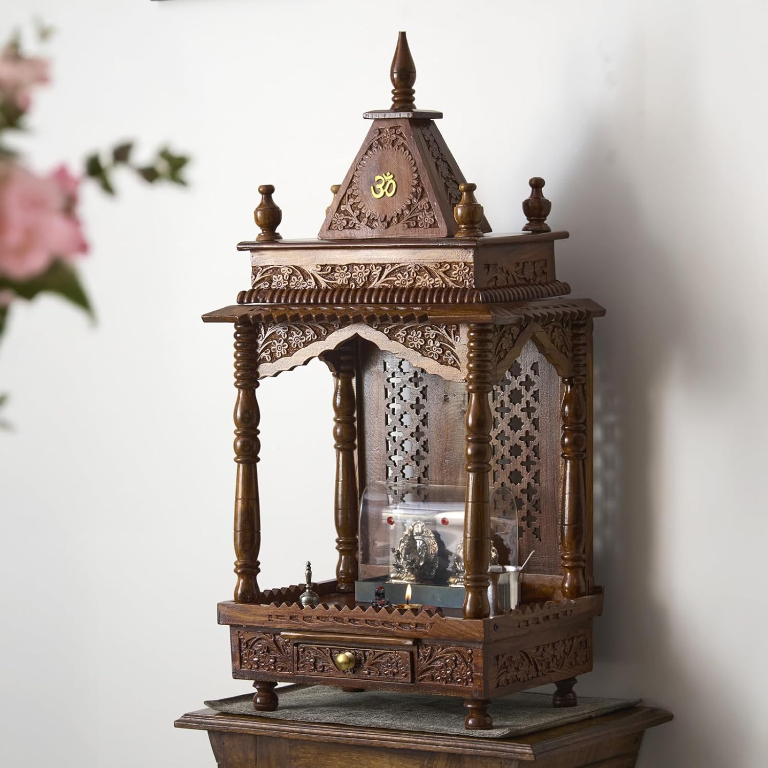 ESPLANADE Beautiful Wooden Mandir for Home, Engraved Temple for Home with Storage Drawer, Puja Mandir Stand, Pooja Items for Pooja Room,Temple for Office, Brown